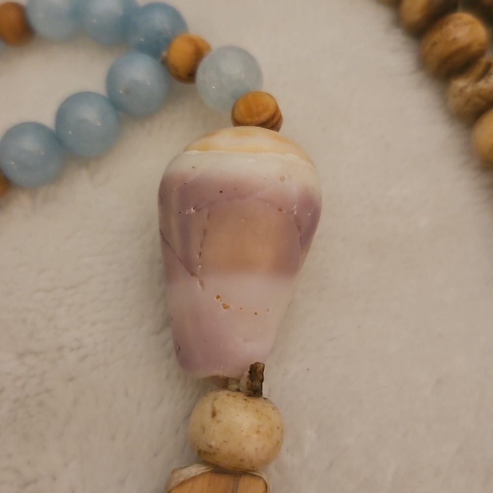 HANDMADE Jasper and Blue Quartz Beaded Shell Olive Wood Cross Prayer Rope - Picture 3 of 12